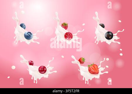 Berries yogurt splash. Fruit milk cream, 3d realistic isolated red blue berry mix icecream drink organic strawberry blueberry raspberry blackberry cranberry 3d vector illustration original artwork Stock Vector