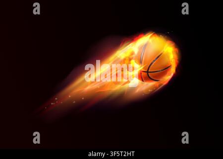 Fire basketball. 3d realistic fireball, flying flaming basket ball orang hot balls sport player fire throw play speed motion effect dark background vector illustration original artwork Stock Vector