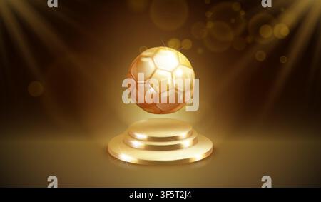 Golden soccer ball. Winner trophy award ceremony realistic stage, gold champion 3d prize realistic football ball pedestal platform best player sport nomination vector illustration original artwork Stock Vector