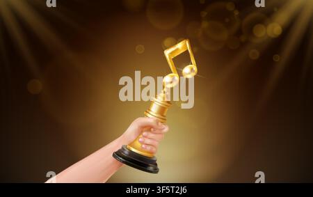 Hand hold music award. Realistic arm holding golden cup winner nomination ceremony, 3d gold musical notes reward song singer spotlights luxury dark background vector illustration original artwork Stock Vector