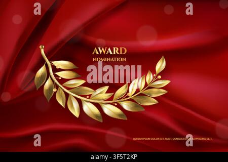 Olive branch award. Golden laurel tree, cinema festival winner nomination prize gold wreath leaves red silk curtain realistic vintage film luxury background vector illustration original artwork Stock Vector