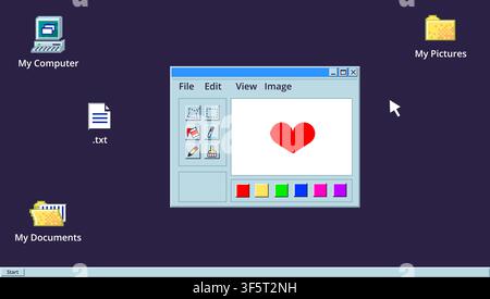 Retro paint program. 90s desktop software screen, ui icon drawing tool graphic style old 2000 window application computer pc frame digital art vaporwave design vector illustration original artwork Stock Vector