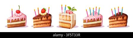 Birthday cake slices pieces with burning candles. Holiday pastry baking. Frosting biscuit pie part. Bday party. Sweet dessert food with cream icon set Stock Vector
