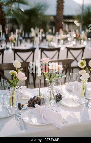 Elegant outdoor banquet table with white linen, floral bud vases, grapes, glassware, candle centerpiece, polished cutlery, dark chairs, and soft Stock Photo