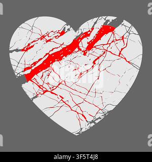 A powerful heart silhouette filled with light white marble texture, dramatically slashed by two bold diagonal red gashes that tear across the upper portion of the shape, revealing vivid red beneath the cracked stone surface. Fine gray veins and delicate fracture lines spread across the remaining marble, adding depth and tension to the composition. Set against a solid neutral gray background, the design delivers a visceral emotional impact, evoking themes of heartbreak, raw pain, wounded love, and emotional vulnerability. Ideal for dark Valentine s Day cards, gothic editorial layouts, emotional Stock Vector