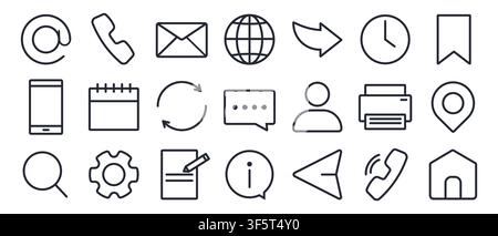 Contact phone icon featuring phone, email, and web symbols. Modern line pictograms for business communication, address details, and location Stock Vector