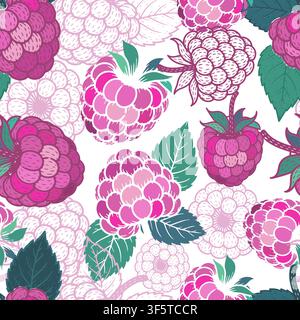 Raspberry seamless pattern . Hand drawn. Not AI, vector illustration. Stock Vector