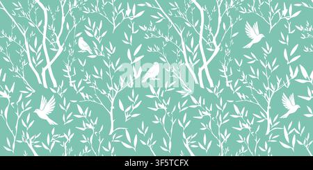 Seamless tree branch background with birds. Hand drawn. Not AI, vector illustration. Stock Vector