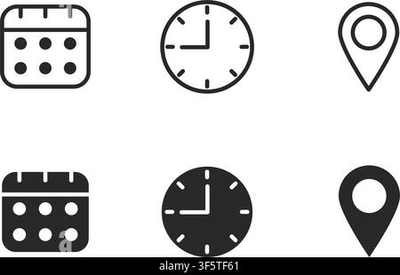 Black outline and filled icons for calendar, clock, and map location pin pinpoints. Minimalist schedule and navigation symbols Stock Vector