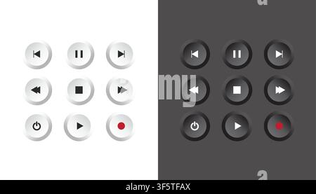 A collection of media control buttons in light and dark themes including play pause stop record rewind and power icons for user interfaces. Stock Vector