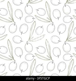 Large olive fruits and leaves seamless pattern light Transparent background, modern engraving style. Vector illustration Olive oil labels backdrop, packaging, textile, wallpaper or culinary branding Stock Vector