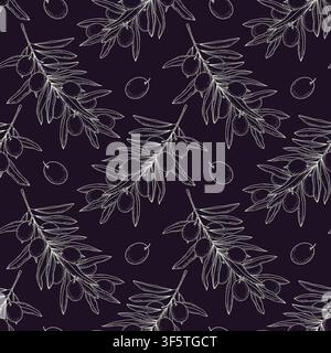 Hand drawn Olive twigs with fruits Seamless Pattern Light on Dark Background Modern engraving style. Vector illustration textile print, wrapping, packaging backdrop, wallpaper or branding design, tag Stock Vector