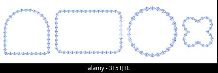 Cobalt folk floral lace borders outline arch, rectangle, circle plus quatrefoil frames with scalloped embroidery trim as vintage set isolated on white for wedding labels or craft stationery. Stock Vector