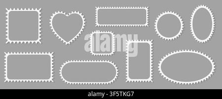 Pack of scalloped white postage frames isolated. Outline border template. Simple minimalist label text box. Blank scallop edge stamp mockup. Vector il Stock Vector