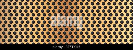 Gold seamless perforated metal sheet realistic texture. Metal chrome grill plate with small circle holes. Modern design carbon radiator bg. Macro spea Stock Vector