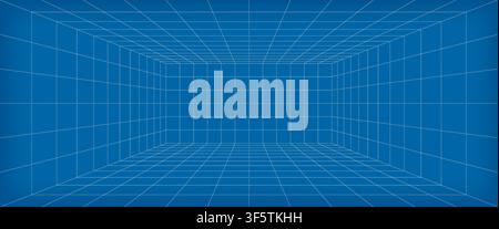 Grid box perspective 3d perspective digital background in blueprint style. Cyberspace wireframe laser mesh virtual reality metaverse abstract. VR game Stock Vector
