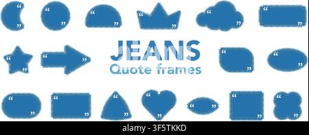 Set of blank denim quote frames in mixed shapes with frayed edges, gold stitching plus white quotation marks only. Ideal for editable titles, Instagram captions or textile themed template kits Stock Vector