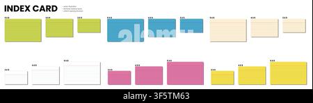 wide arrangement of colored ruled and plain labeled cards on white. Suitable for classroom flashcards filing labels study organizers printable notes organization projects planning reference Stock Vector