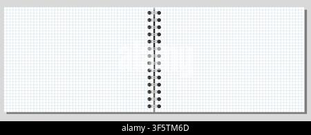 Extended notebook spread shows silver central coils, white blue grid surface, neat perimeter, soft shadow, grey backdrop. For printable stationery, education, office writing, notes, planning Stock Vector
