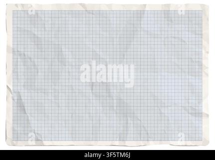 Crumpled ivory millimeter graph sheet with dense blue hierarchical squares, heavy wrinkle texture plus uneven edges. Useful for technical collage, school scrap notes or distressed stationery designs Stock Vector