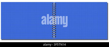 Pale Green engineering grid notebook page shows fine squared ruling, side wire binding, and wide landscape format on white background. Suitable for schoolwork, planning, stationery layouts, notes and Stock Vector