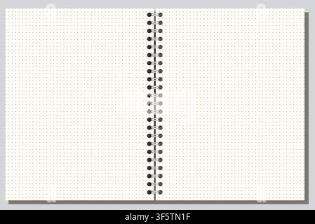 Ivory cross grid notebook page shows fine crosshatched squares, side wire binding, and wide landscape format on white background. Suitable for schoolwork, planning, stationery layouts, notes and Stock Vector