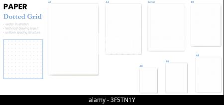 Paper Sheet Set displays seven labeled sheets in A3 A4 Letter B5 A5 A6 and B6 proportions. Ideal for printable collections, stationery catalogs, education resources, size comparisons Stock Vector