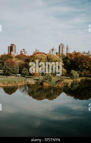 Autumn foliage and city buildings are reflected in the Longyou River ...