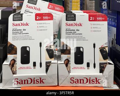 Baltimore, USA. 03rd Aug, 2026. Carded retail packages containing SanDisk portable external hard drives on display in the electronics aisle at Costco Wholesale in Baltimore on August 3, 2026. (Photo by Robyn Stevens Brody/Sipa USA) Credit: Sipa USA/Ģ����ý Live News Stock Photo