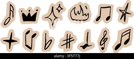 Doodle musical notes and elements on cutout paper. Scrapbook crayon hand drawn music sticker set. Collage style scribble symbols with fire, hashtag, stars, crown. Vector pack for festival poster, zine Stock Vector