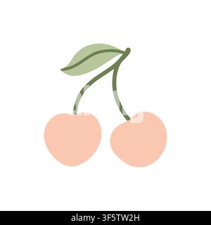 Cute pink cherries pair with green stem and leaf vector illustration. Soft flat fruit graphic element for aesthetic summer decor, pattern designs, and Stock Vector
