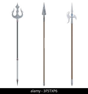 Illustration set of three traditional ancient polearm weapons isolated on white background, including detailed trident, sharp spear, and historical me Stock Vector
