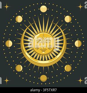 Elegantly crafted golden metallic sun and moon phases graphic representing a solar eclipse. Concept of luxury, astrology, and prestige perfect for cor Stock Vector