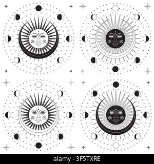 Black line art graphic on white background representing a solar eclipse with may sun and moon phases. Simple outline style ideal for sketches, logos, Stock Vector