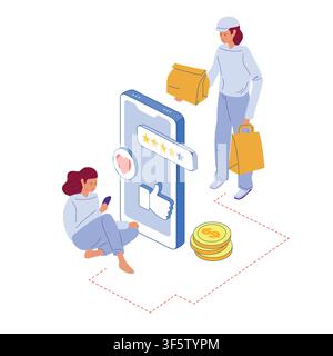 Online order by phone and delivery. Girl in uniform delivering food bags. Flat vector for courier services, food delivery app Stock Vector