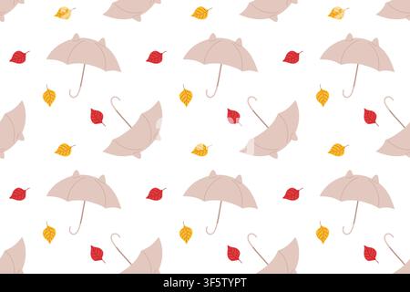 Autumn seamless pattern with umbrella and red and gold fallen leaves. Cozy seasonal repeat design. Vector illustration Stock Vector