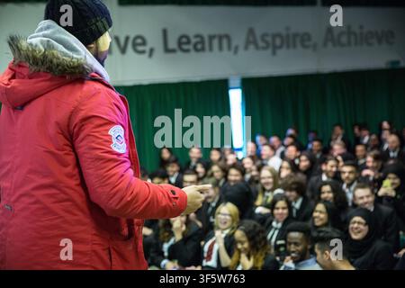 Humza Arshad, English comedian, actor and writer, addresses a large seated audience during a live appearance in London, England, on 26 May 2016. Stock Photo