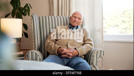 Relax, sleeping and senior man on sofa with chill, comfortable rest and unwind on weekend break. Fatigue, cozy and elderly person in home with nap Stock Photo