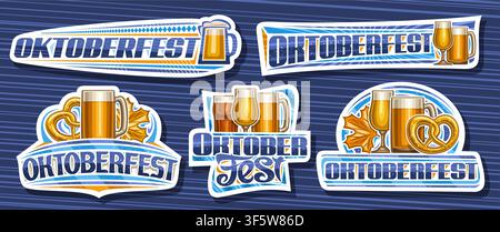 Vector Oktoberfest Set, collection for beer festival with unique brush lettering for text oktoberfest, decorative cut paper badges with illustration o Stock Vector