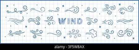 Doodle wind motion. Air flow symbols drawn with blue pen on notebook sheet. Crayon vector illustration on checkered background Stock Vector