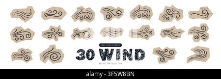 Doodle wind motion. Abstract wind collage stickers. Cutout weather icons for scrapbooks or planners. Crayon vector illustration Stock Vector