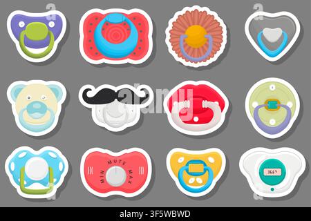 Illustration on theme big colored set baby pacifiers, dummy with rubber nipple, baby pacifiers consisting of collection to newborn, good dummy nipple, Stock Vector