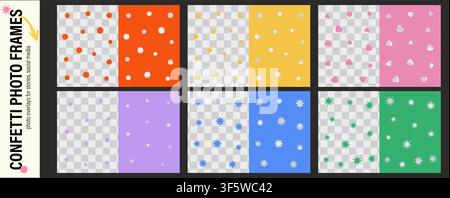Confetti photo frames with flowers, dots, hearts and sparkles. Whimsical scrapbook overlay templates for stories and social media posts Stock Vector