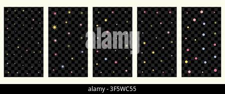 Vertical confetti photo overlays scattered with stars, sparkles and flowers on transparent bg. Whimsical scrapbook style Stock Vector