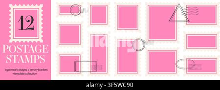 Pink postage stamp templates with scalloped perforated edges. Empty geometric frames with hand drawn postmark stamps Stock Vector