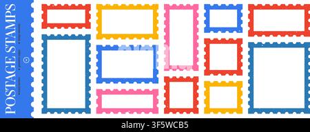 Postage stamp frames with scalloped edges. Textured grunge borders. Empty rectangular templates for mail and label design Stock Vector