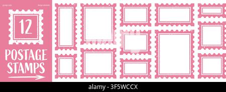 Pink postage stamp frames with grunge texture and scalloped edges. Blank templates in square and rectangular shapes Stock Vector
