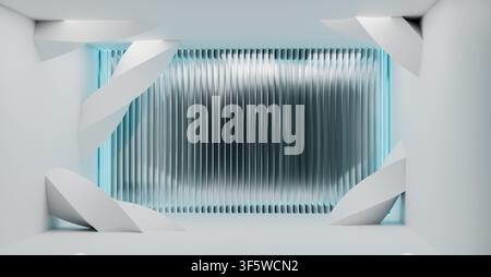 Pristine minimal studio interior showcasing stark polygon sculptures framing luminous vertical corrugated metallic screen, emanating cool neon glow, s Stock Photo