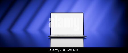 Sleek modern digital device set within moody corporate studio environment, showcasing minimalist technological setup, dramatic lighting illuminating p Stock Photo