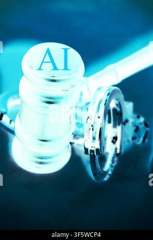 Close-up composition of a judge's gavel and metal handcuffs with a glowing "AI" sign set against a futuristic blue and black background. The image rep Stock Photo